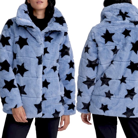 NVLT Star Print Faux Fur Jacket ✨ Blue Size Small - Picture 8 of 13